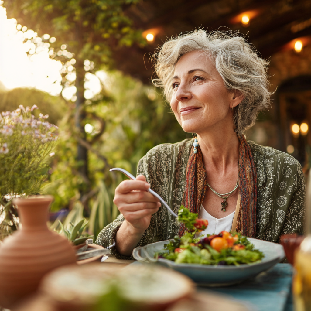 Energetic mature woman enjoying healthy meal in beautiful outdoor setting