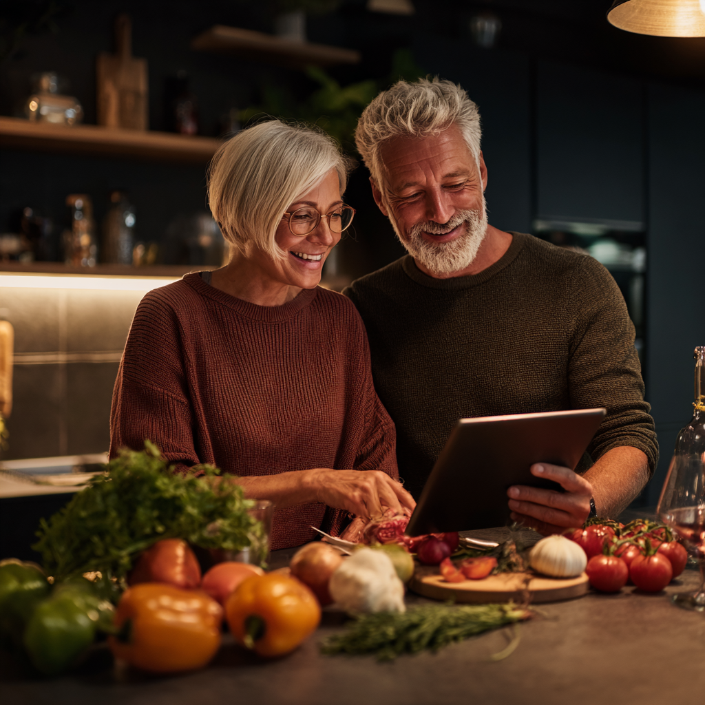 Mature couple cooking together using digital meal plan in modern kitchen