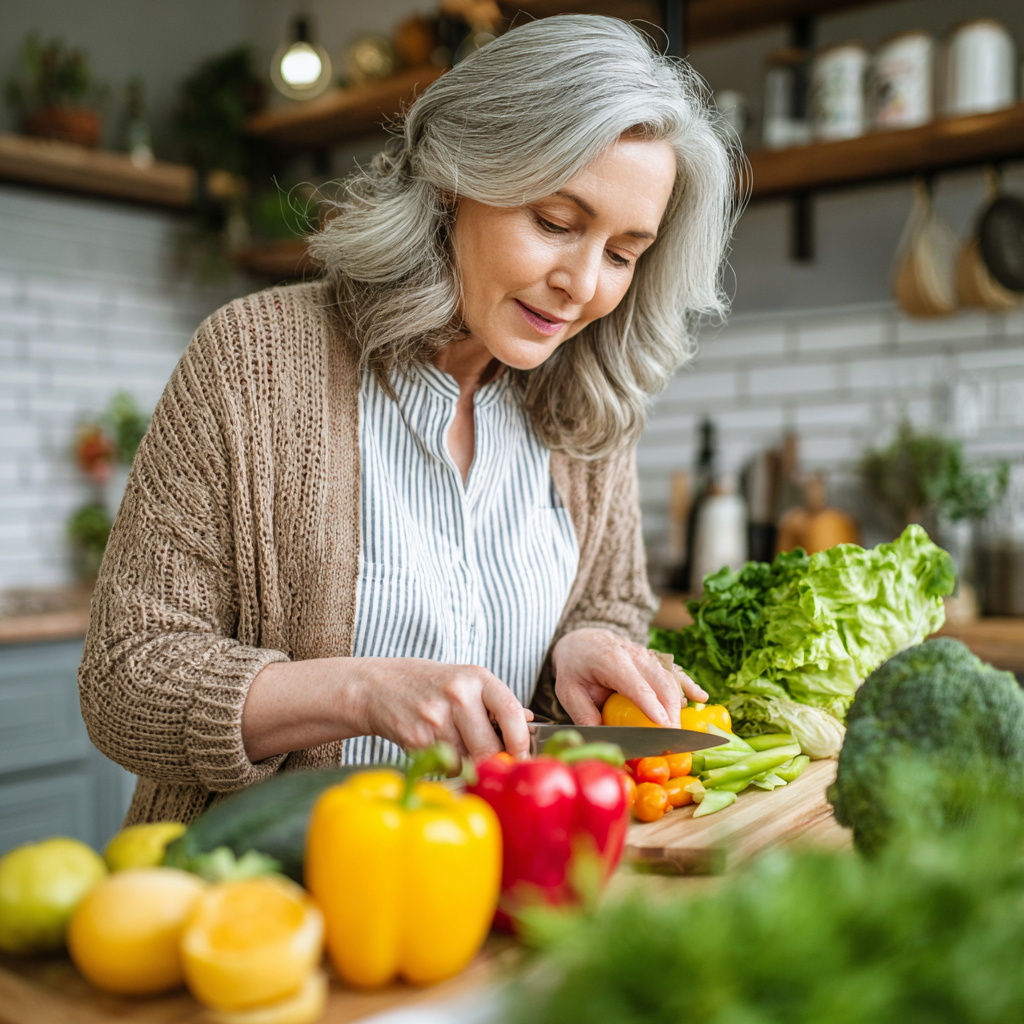 Middle-aged woman thoughtfully preparing a colorful nutritious meal in bright kitchen